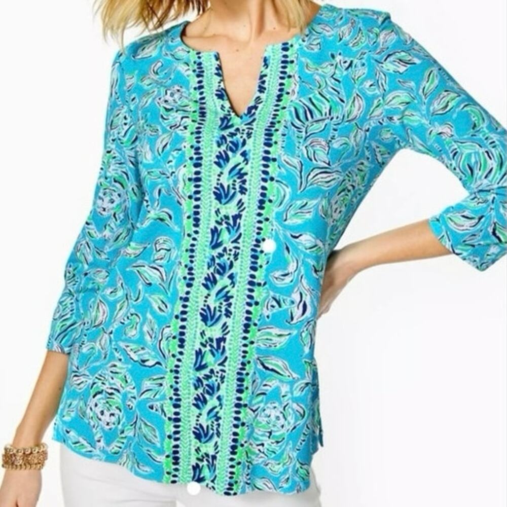 NWT Lilly Pulitzer UPF 50+ Karina Tunic Turquoise Oasis Outta Line Engineered
